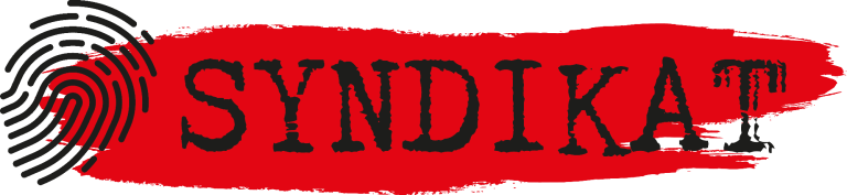 Logo Syndikat Logo mit rotem Hintergrund und schwarzem Text "SYNDIKAT" sowie einem Fingerabdruck.